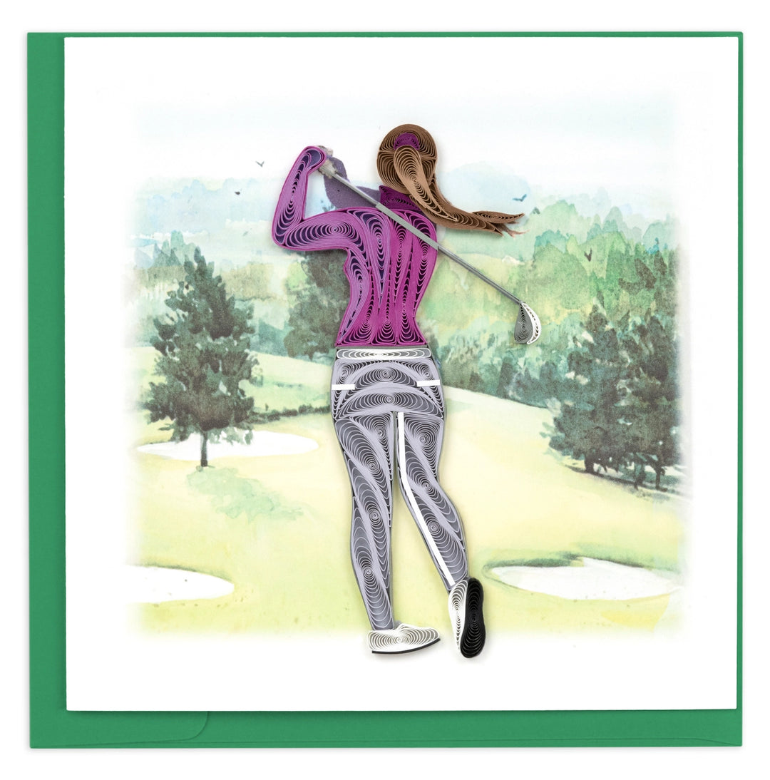 Illustration of a golfer in a purple shirt and gray pants on a golf course with trees in the background.