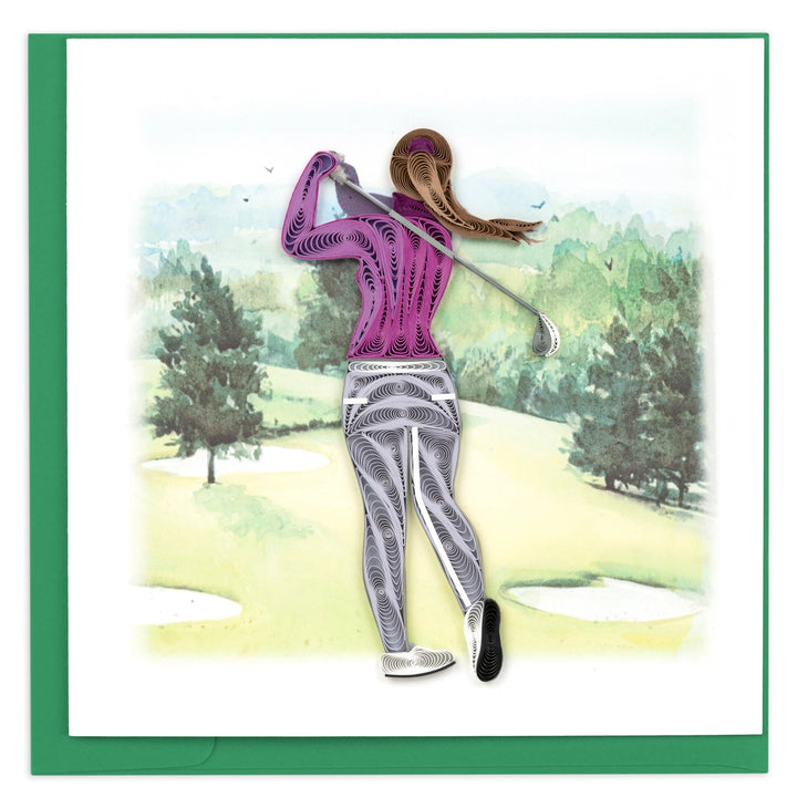 Illustration of a golfer in a purple shirt and gray pants on a golf course with trees in the background.