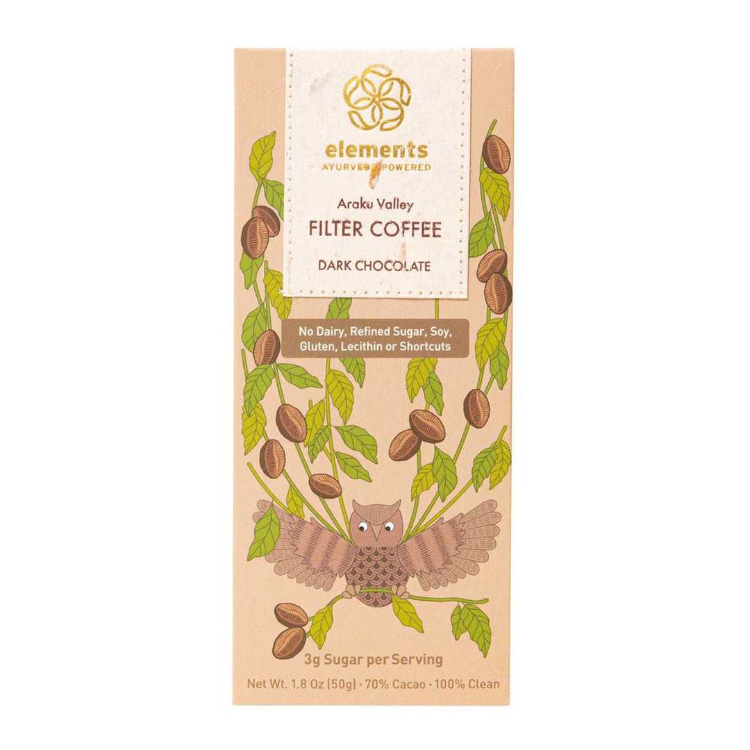 Elements Araku Valley Filter Coffee and Dark Chocolate packaging with owl illustration on a white background