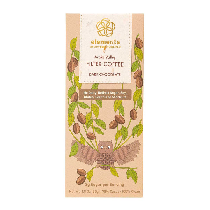 Elements Araku Valley Filter Coffee and Dark Chocolate packaging with owl illustration on a white background