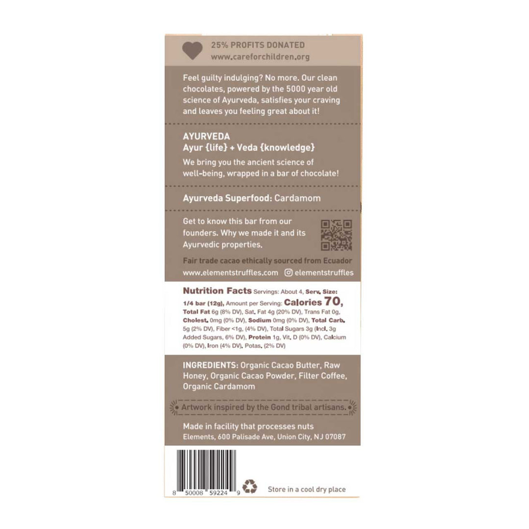 Back of a chocolate bar packaging with text and nutrition information on a white background