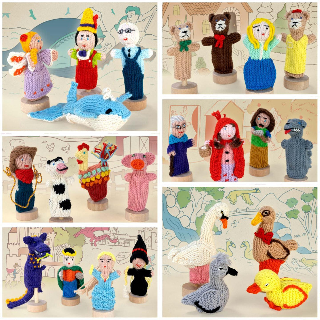 Collage of various handcrafted finger puppets on a colorful background