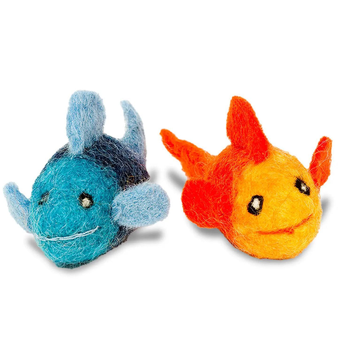 Two felted fish toys, one blue and one orange, on a white background