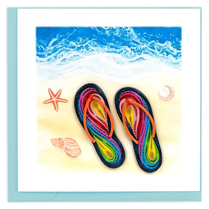 Colorful flip-flops on a beach scene with waves and shells.