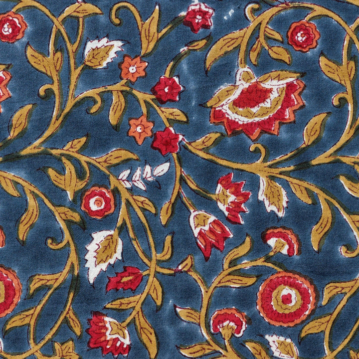 Close-up of floral embroidery with red, gold, and white flowers on a blue background