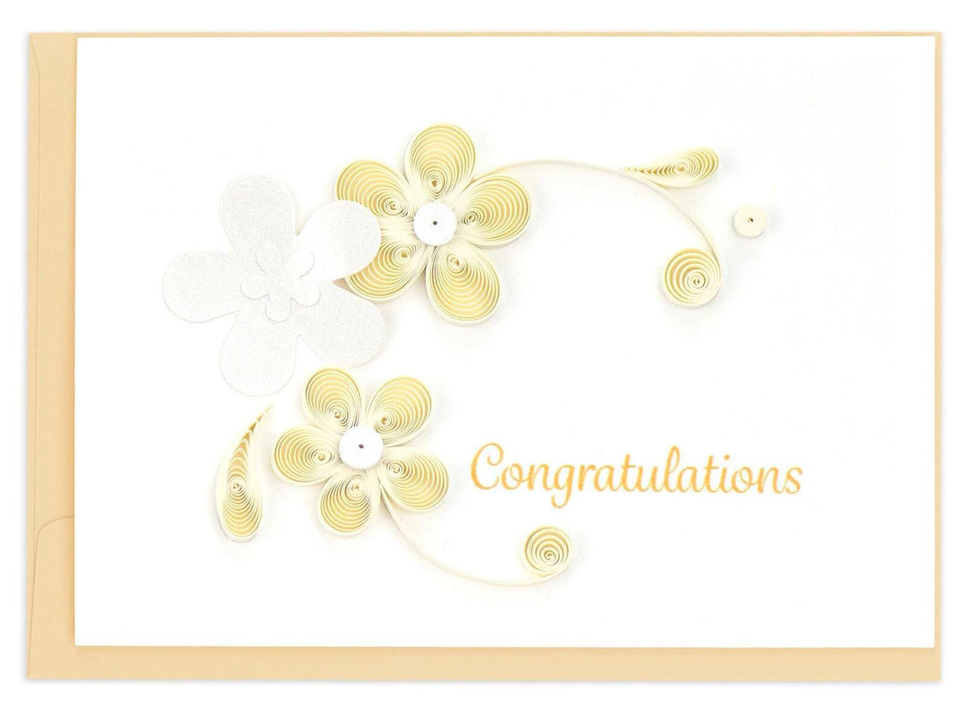Greeting card with gold floral designs and 'Congratulations' text on a white background