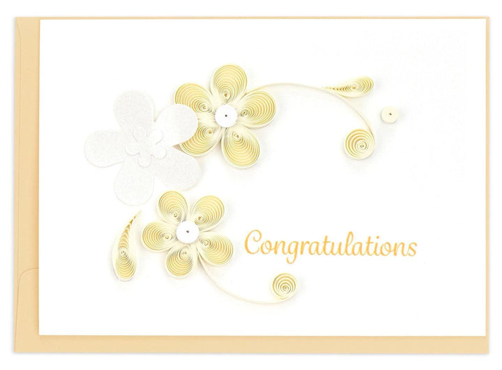 Greeting card with gold floral designs and 'Congratulations' text on a white background
