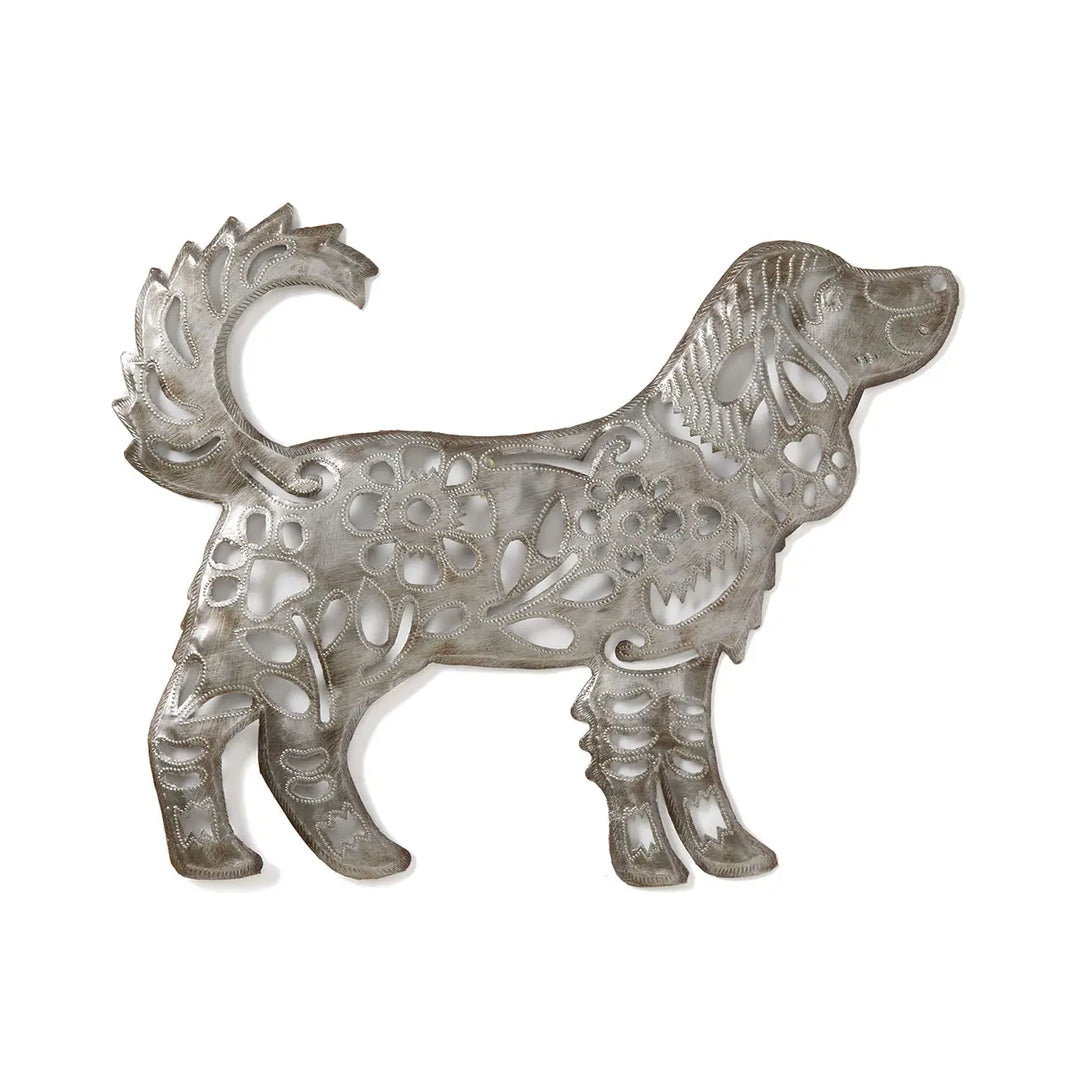 Decorative metal dog metal wall art with intricate patterns on a white background