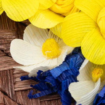 Decorative woven basket with yellow, blue, and white flowers on a brown card.