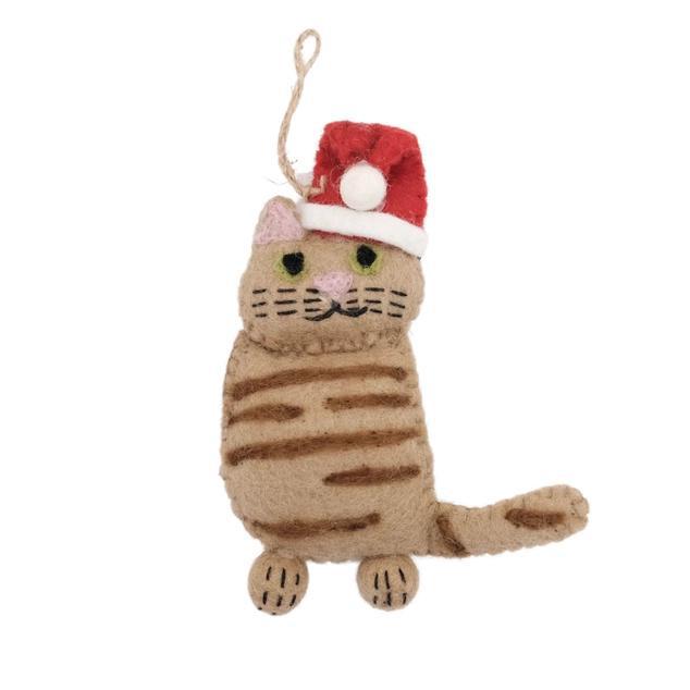 Cat-shaped Christmas ornament wearing a red Santa hat on a white background