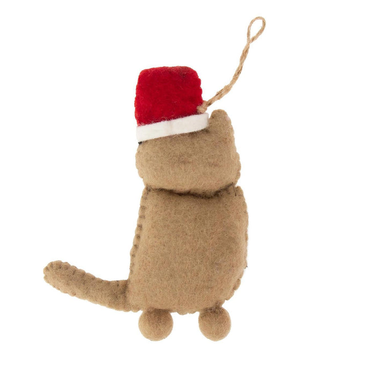 Felted tabby cat ornament with a red hat on a white background