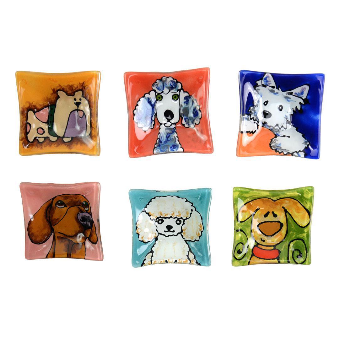 Set of six square ceramic dishes with dog illustrations on a white background