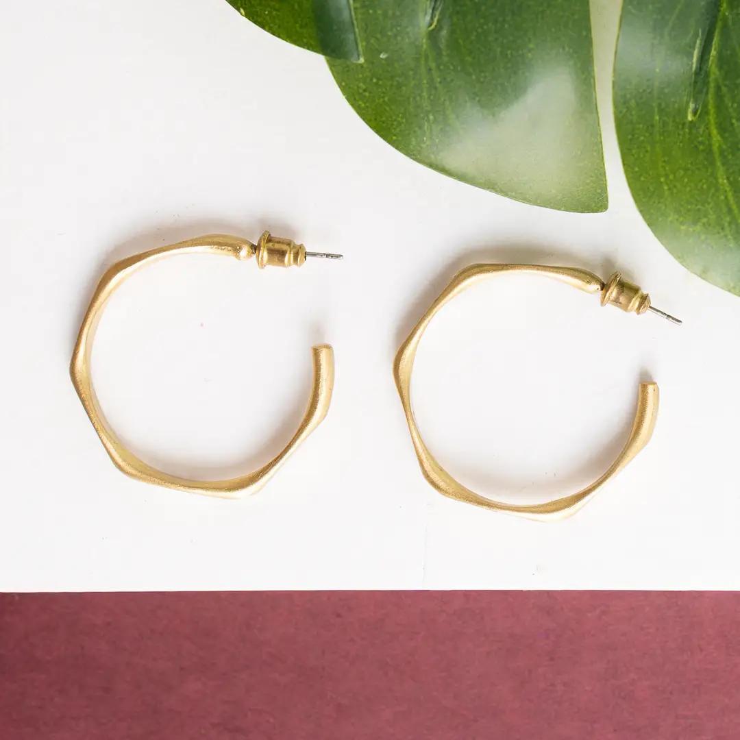 Gold hexagonal hoop earrings on a white surface with green leaves in the background