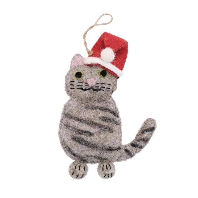 Cat-shaped ornament wearing a Santa hat on a white background