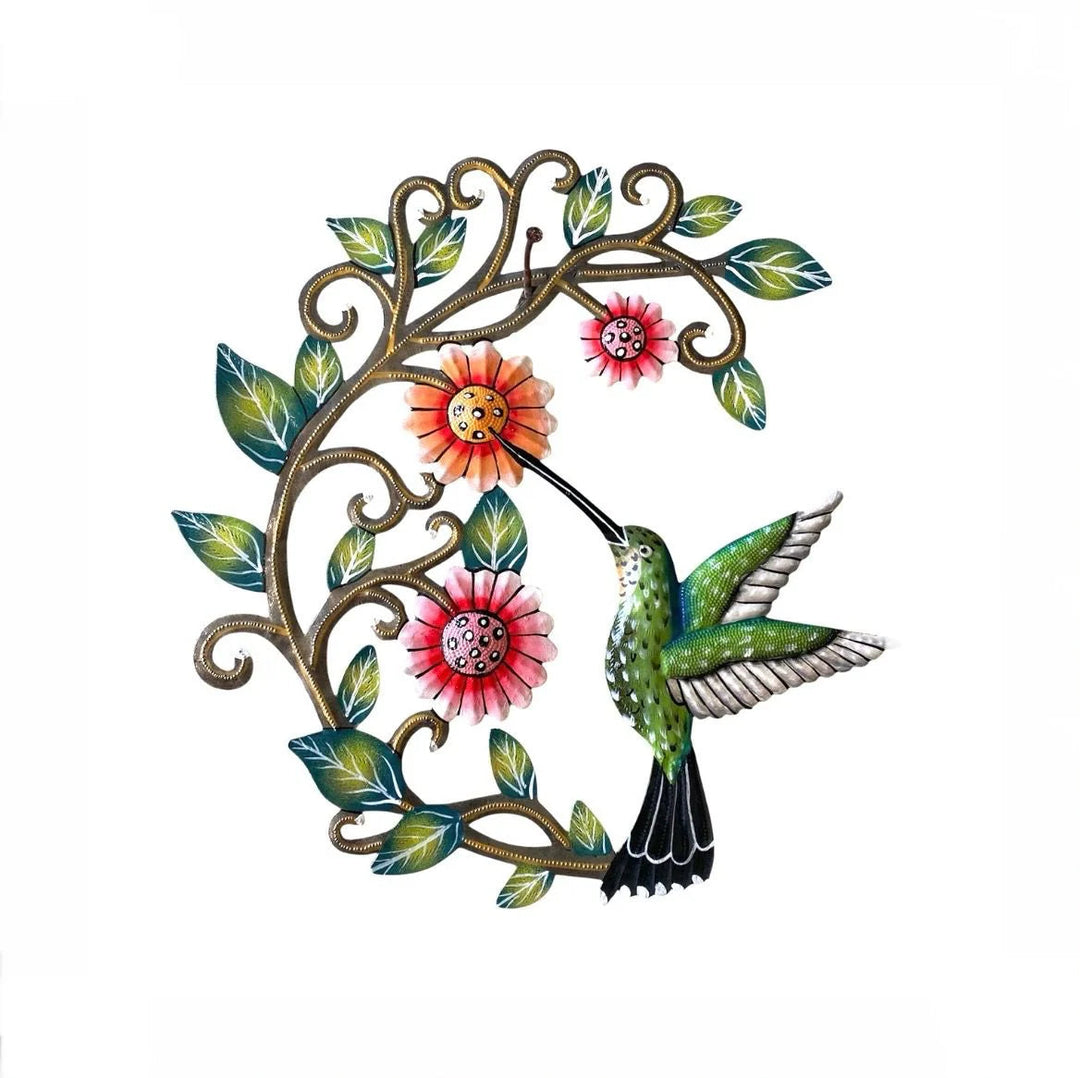 Decorative metal wall art of a hummingbird and flowers on a white background