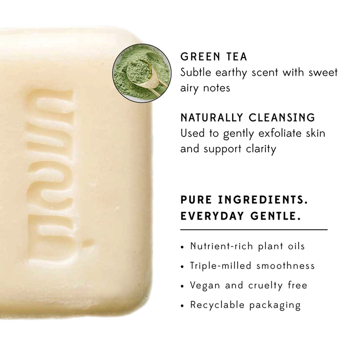 Green tea scented soap information and description on a white background. 
