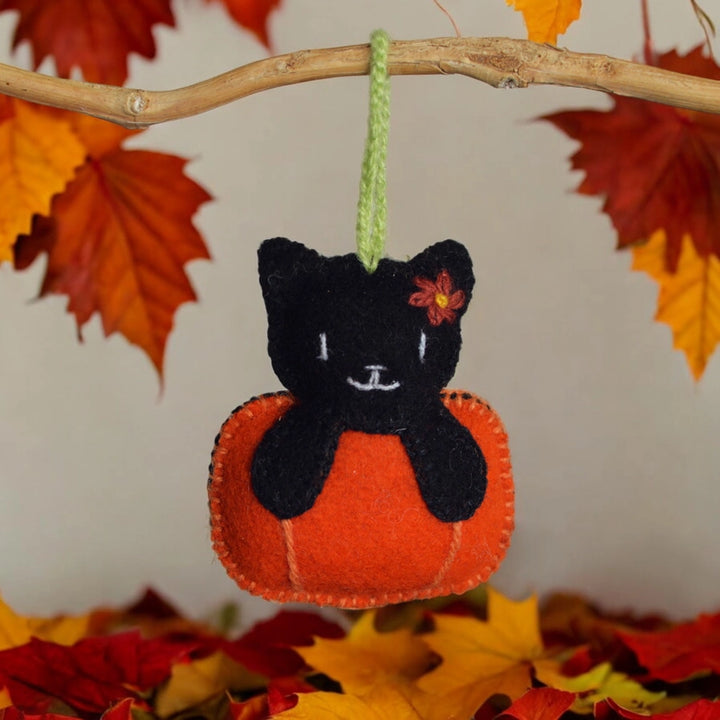 Black cat ornament on an orange pumpkin with autumn leaves in the background