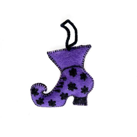 Handmade wool Halloween ornament of purple witch boot. 
