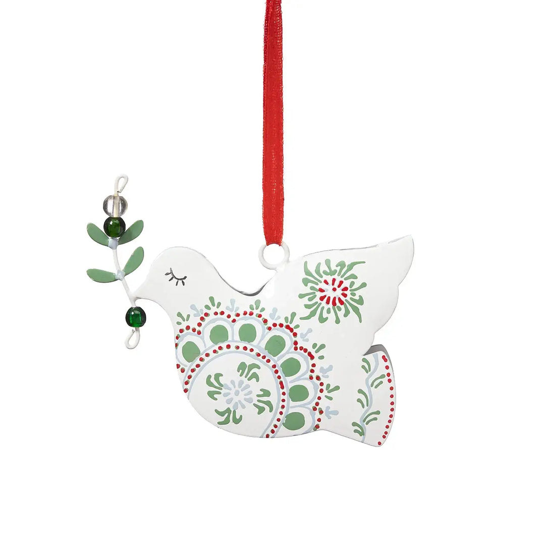 a hand-painted peace dove ornament on a white background