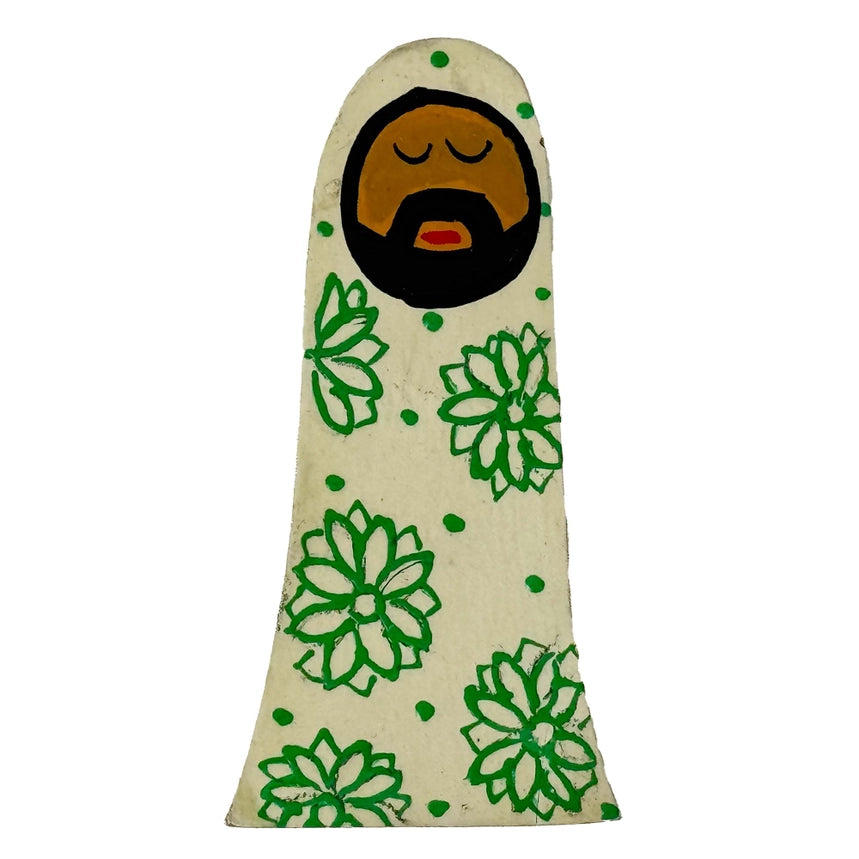 Decorative figure of a bearded Joseph with green floral patterns on a white background