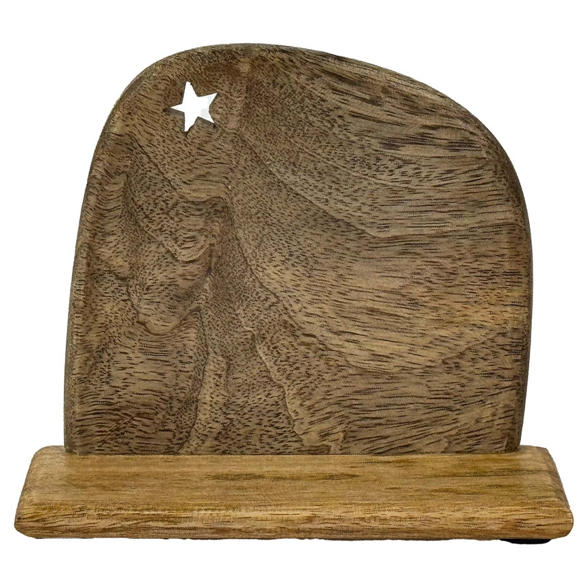 Wooden sculpture of a Nativity with a star on a white background