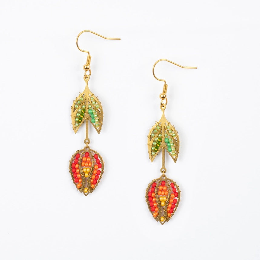 Red hanging tulip gold earrings. 