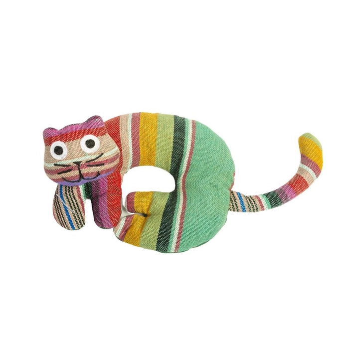 Colorful striped cat trivet on a white background