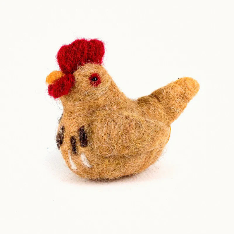 felted hen ornament on a white background