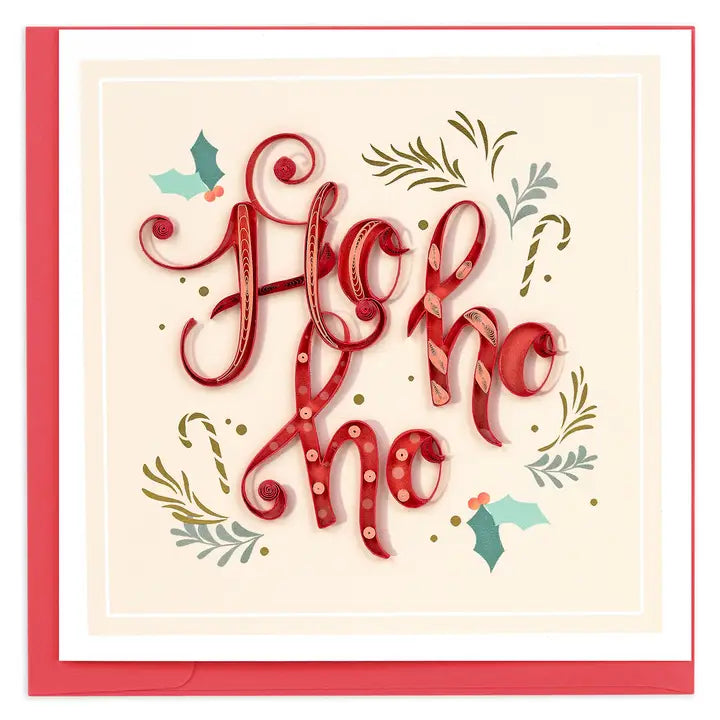 A square Christmas greeting card with the words “Ho ho ho” in red decorative lettering, surrounded by candy canes, holly leaves, and green foliage on a cream background, with a red border and matching red envelope visible.