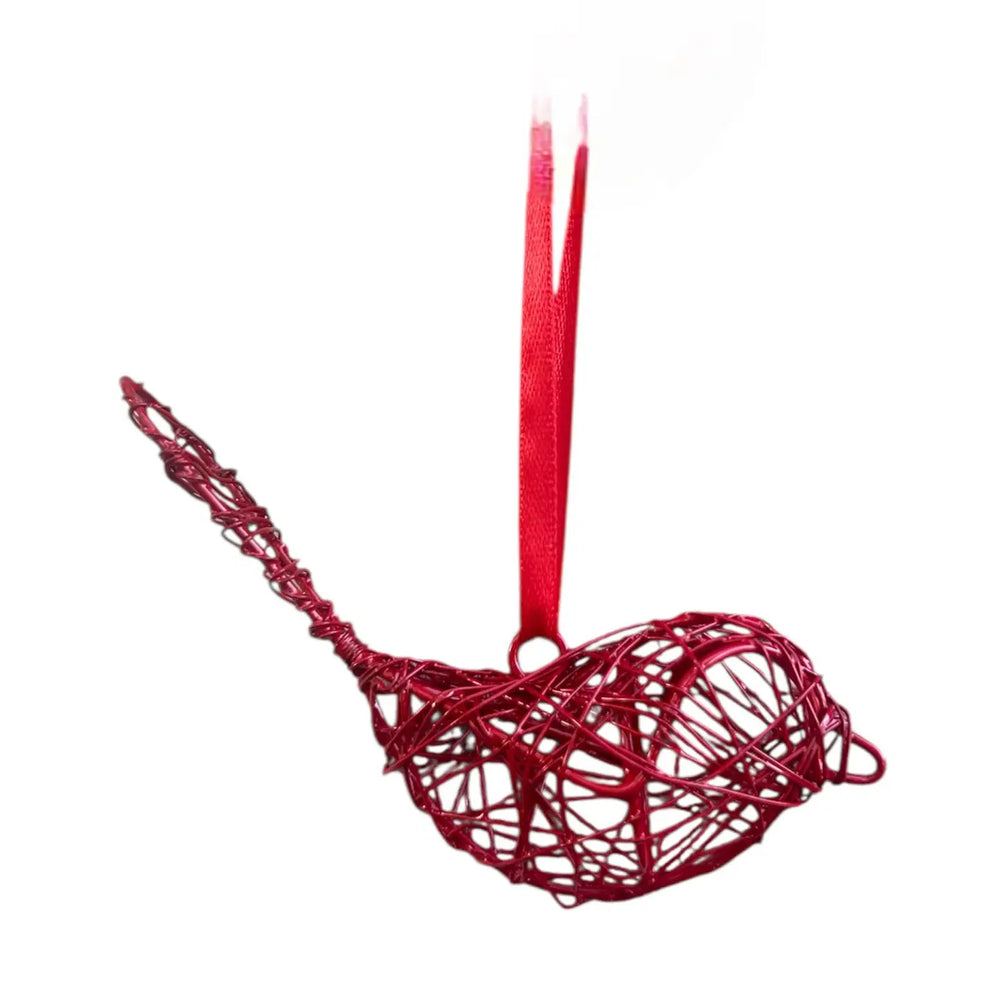 A red wire-wrapped Christmas ornament shaped like a teardrop or bird silhouette, hanging from a red ribbon loop on a plain white background.