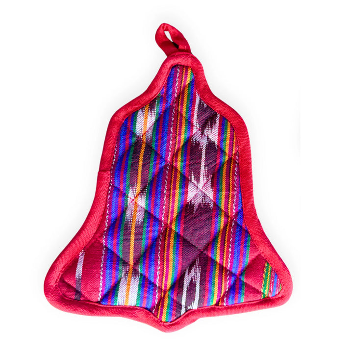 Colorful patterned pot holder with a red border on a white background