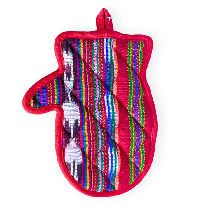 Colorful striped oven mitt on a white background