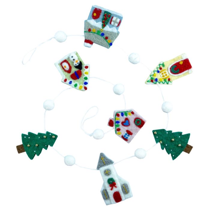 Decorative string of felt Christmas ornaments on a white background