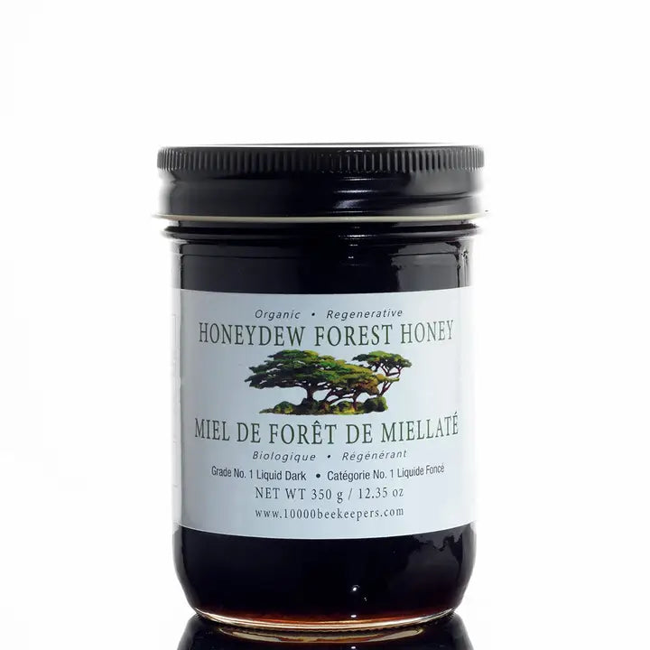 large jar of honeydew forest honey on a white background