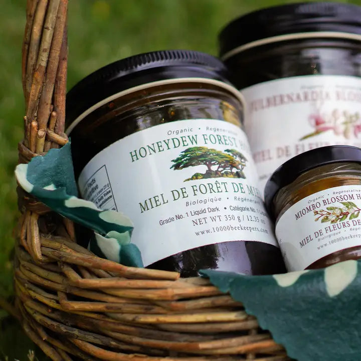 large jar of honeydew forest honey with other jars of honey in a wicker basket