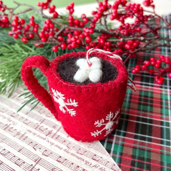 Hot chocolate felt wool ornament on display