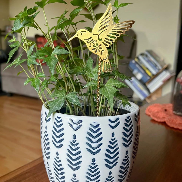 Potted plant with a decorative hummingbird stake on a wooden surface