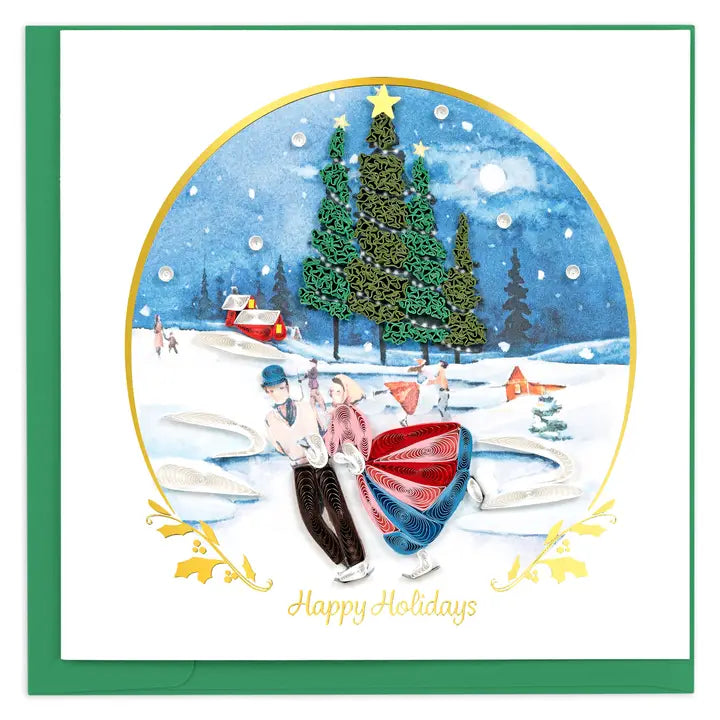 A square holiday greeting card with a white center and green border, featuring an illustrated winter scene inside a gold oval. Two people are ice skating in a snowy landscape with Christmas trees, sleighs, and falling snow, and the text 'Happy Holidays' appears below.