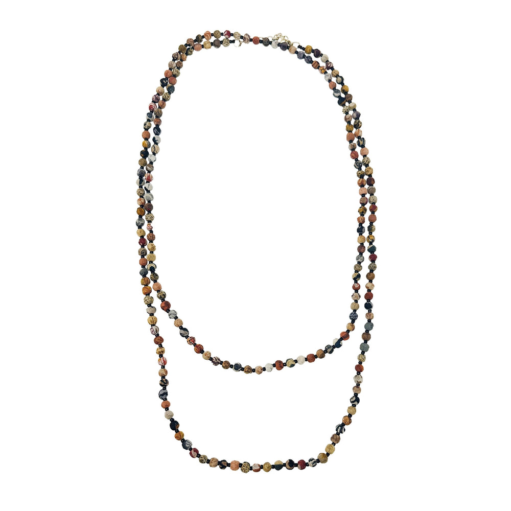 Kantha multicolored beaded long necklace on a white background