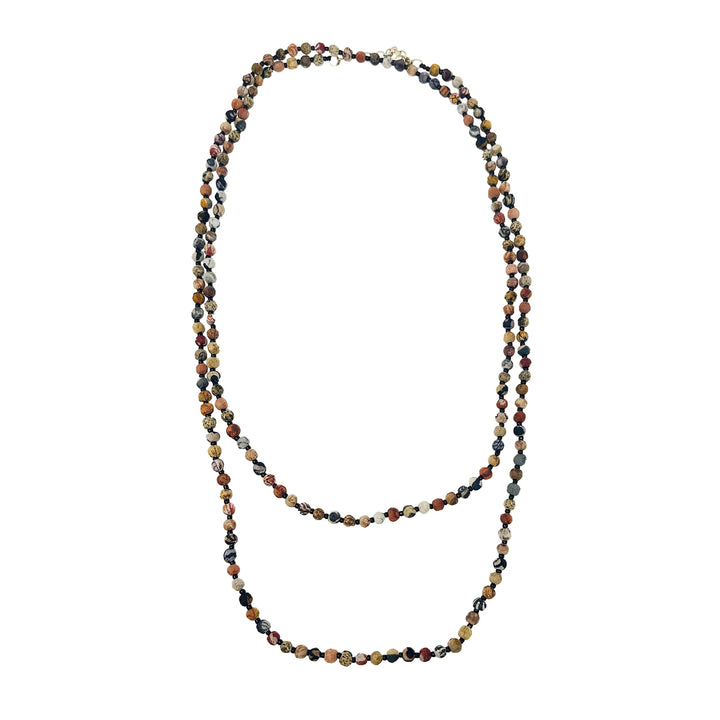Kantha multicolored beaded long necklace on a white background