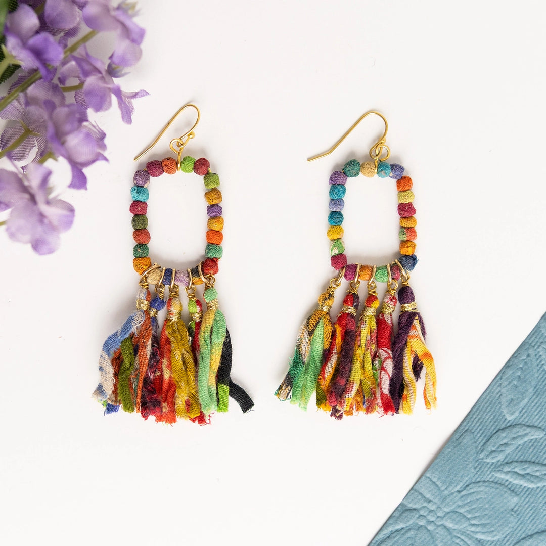 Sari Kantha colorful gold-plated fringed rectangle earrings 
