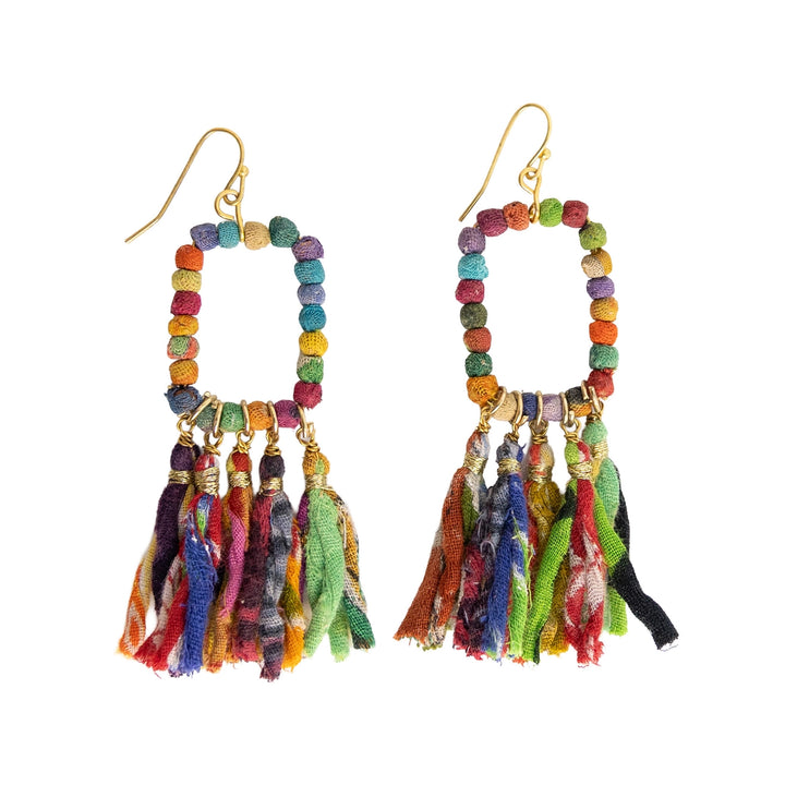 Sari Kantha colorful gold-plated fringed rectangle earrings on white background