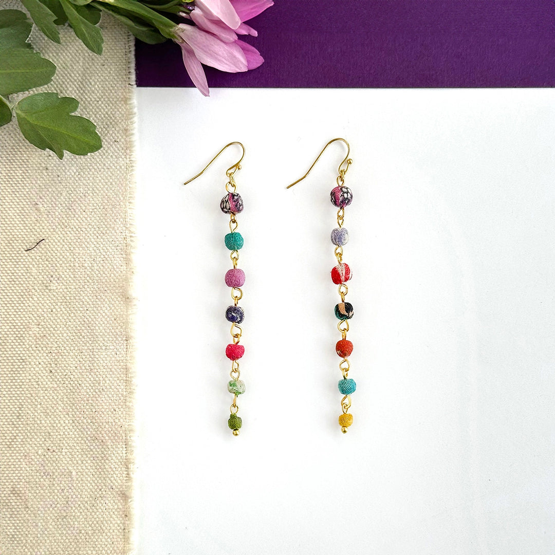 Sari Kantha Linear multicolor gold-plated dangle earrings