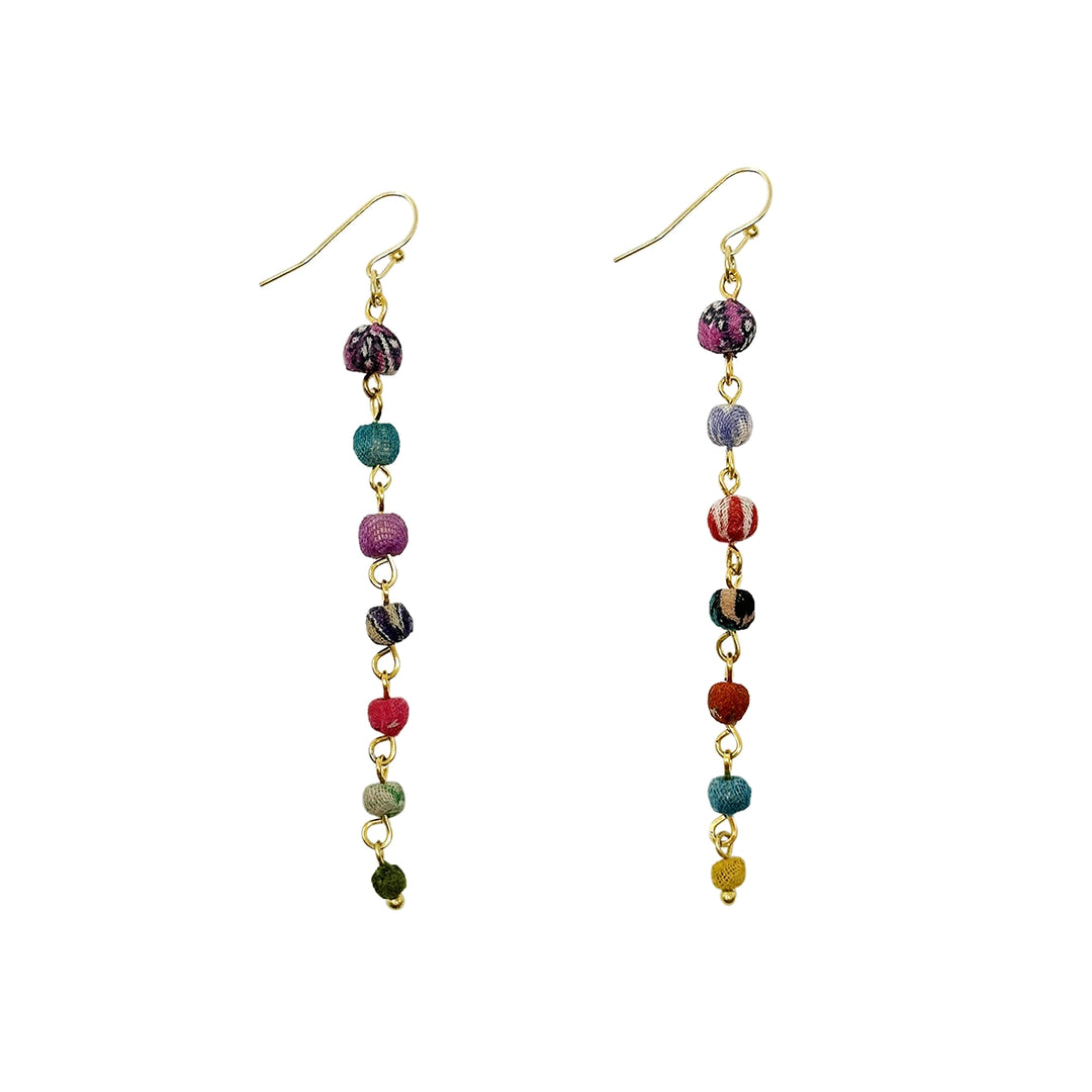 Kantha multicolored beaded earrings on gold-plated hooks against a white background
