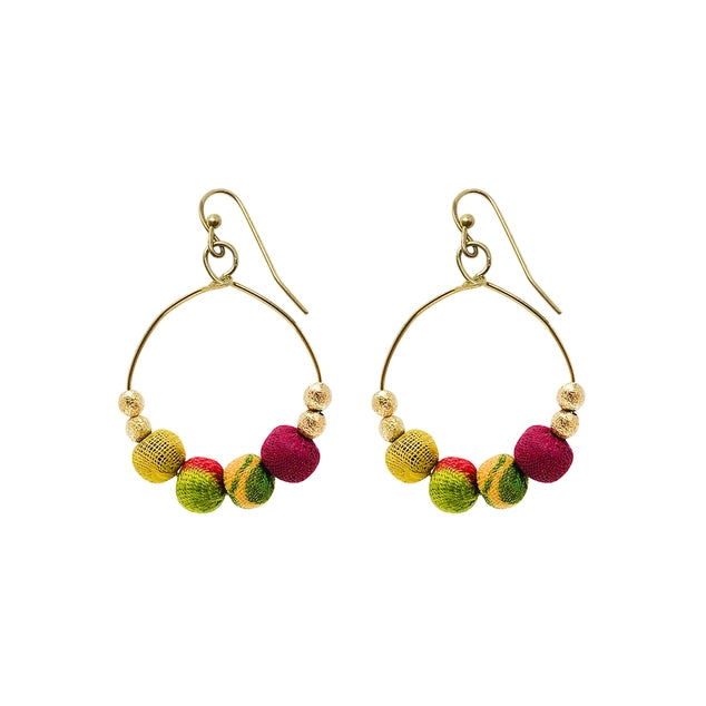 Pair of Kantha hoop earrings with colorful beads on a white background