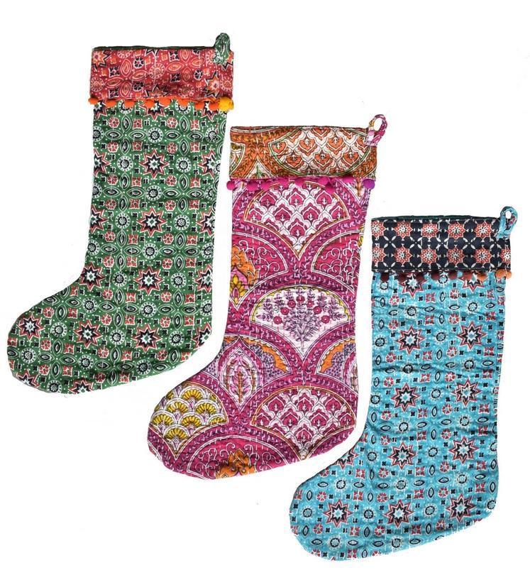 Hand stitched Christmas stockings made from upcycled kantha.