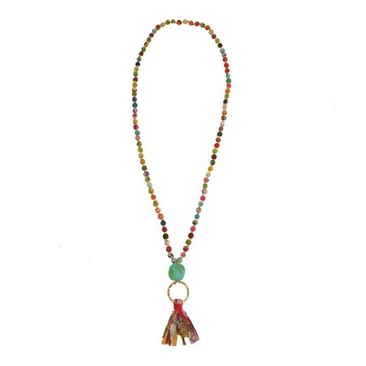 Colorful Kantha beaded necklace with a tassel pendant on a white background