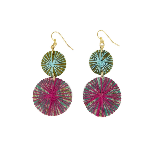 Colorful Kantha circular earrings with gold hooks on a white background