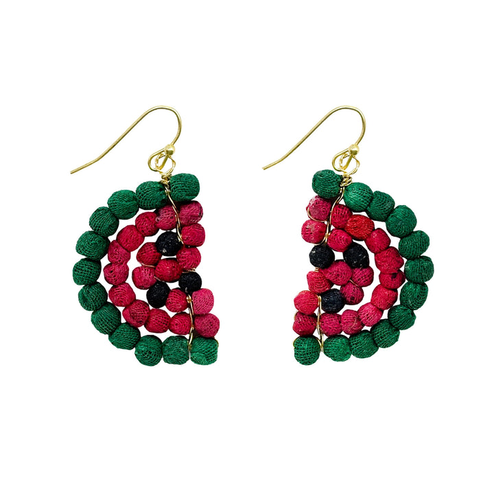 Colorful watermelon-shaped beaded earrings on a white background