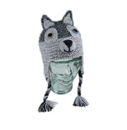 a kids' wolf animal hat on a white background